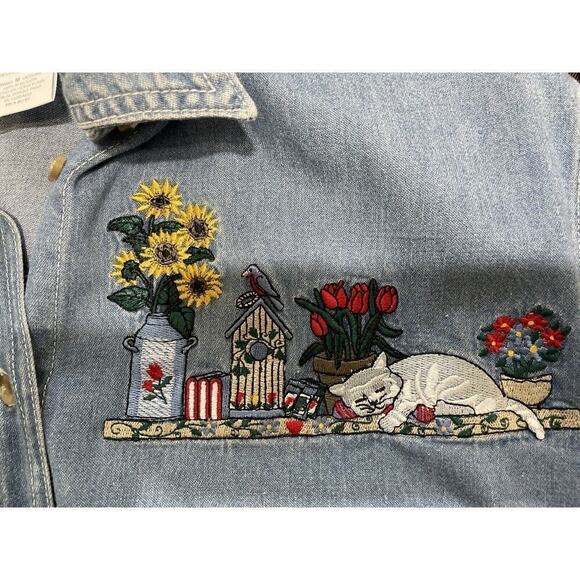Vintage Embroidered Sunflower Cat Bird Button Front Short Sleeve Denim Shirt Med - Picture 7 of 14